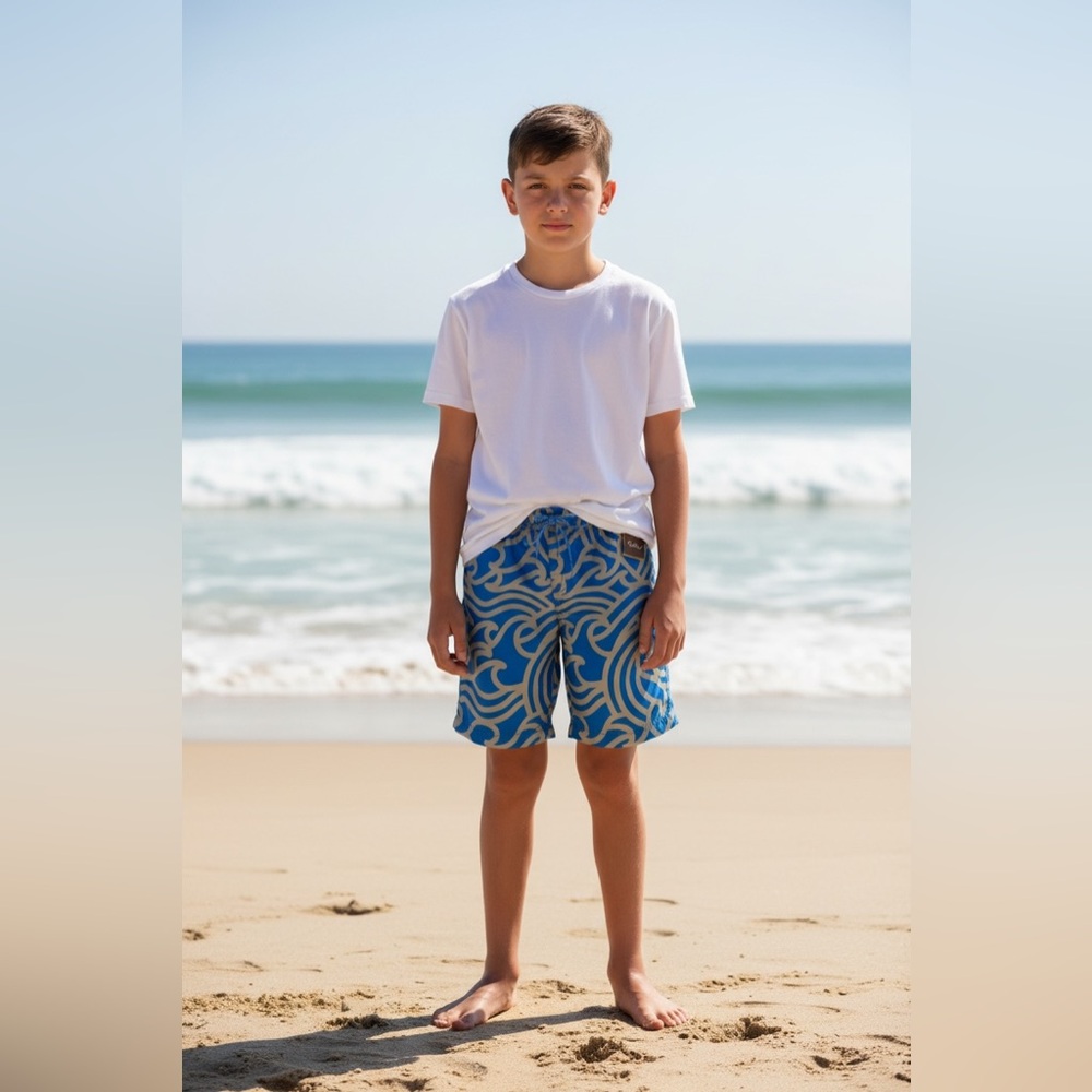 NWT Tea Collection Blue and Gray Kids Japanese Wave Pattern Swim Trunks Size 12